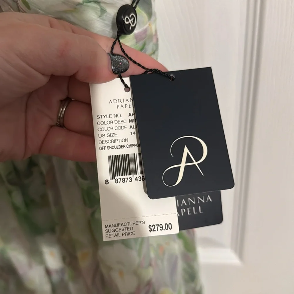 BNWT Adrianna Papell Off Shoulder Chiffon Gown Spring Mint Multi 12 and 14 - Picture 7 of 7